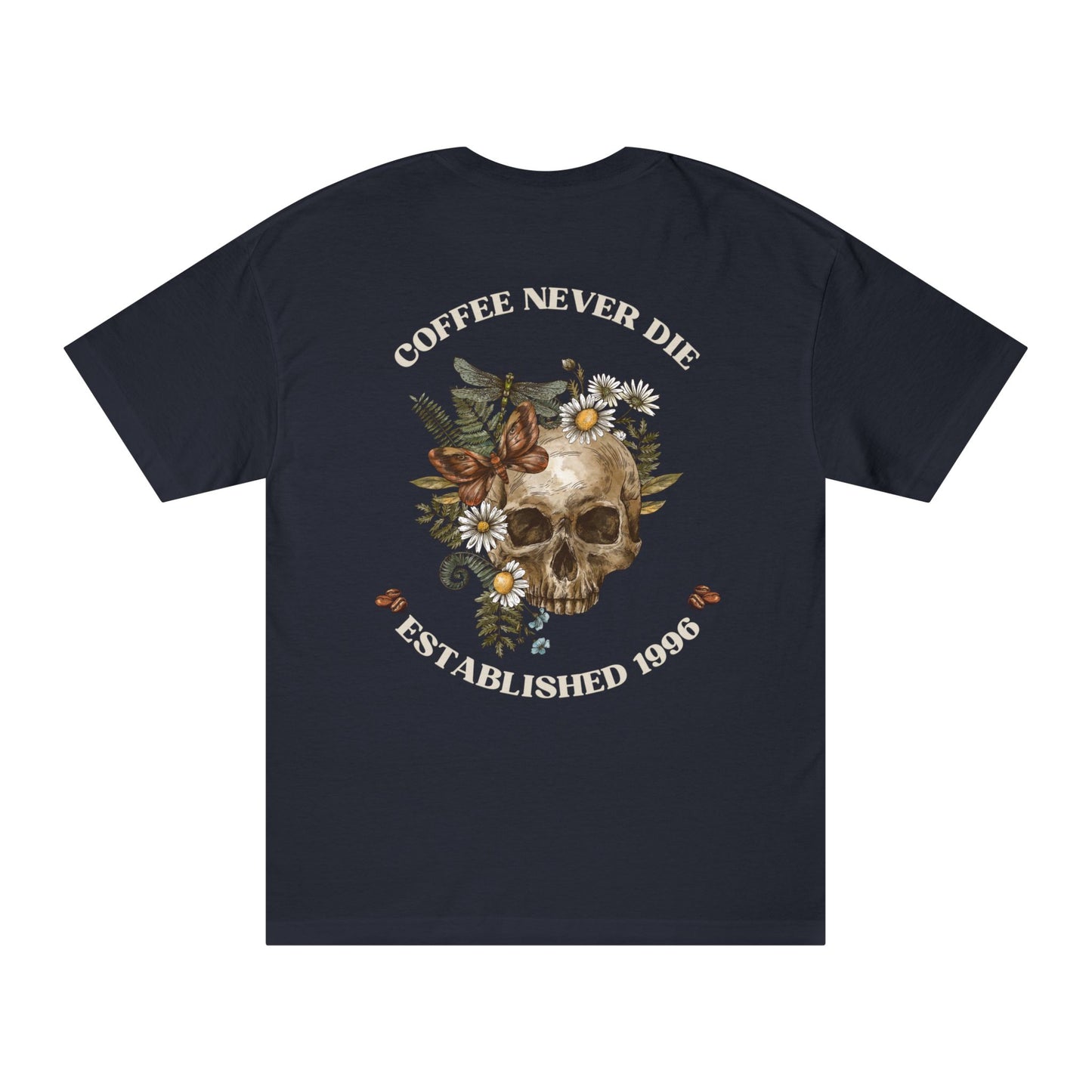 Coffee Never Die Unisex Classic Tee - Skull & Floral Graphic
