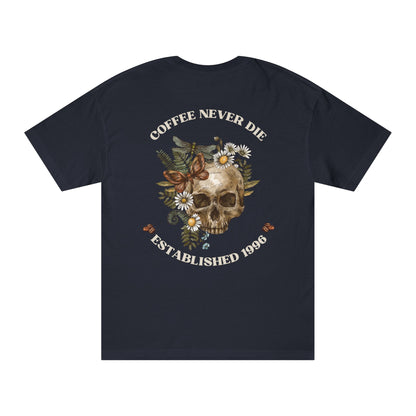 Coffee Never Die Unisex Classic Tee - Skull & Floral Graphic
